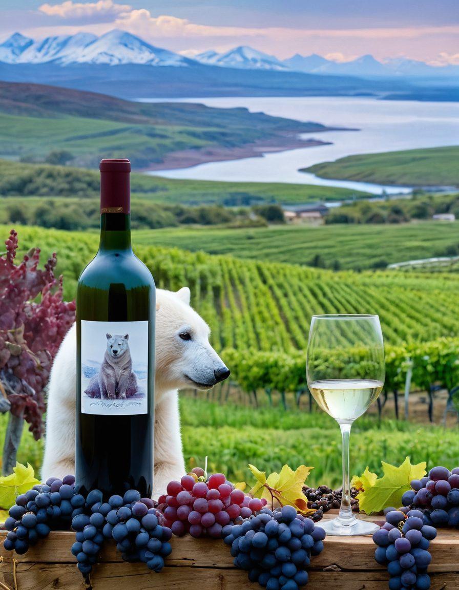 A stunning landscape featuring a blend of Arctic wildlife, such as polar bears and arctic foxes, intertwined with lush vineyards full of ripe grapes, showcasing sustainable farming practices. The scene captures the ethereal beauty of the Arctic in the background, with soft hues of blue and white contrasting against the vibrant greens and purples of the vineyard. Include a wine bottle and glasses amidst the grapes to symbolize wine appreciation. surrealism. vibrant colors. white background.