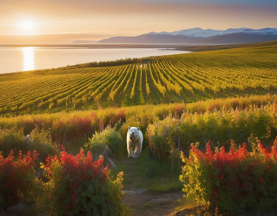 A lush vineyard on the edge of an Arctic landscape, featuring rows of grapevines intertwined with native Arctic flora like snow-covered shrubs and colorful wildflowers. In the distance, a sparkling ocean reflects the sunlight, and a polar bear roams peacefully, symbolizing harmony between wine production and Arctic biodiversity. The scene is bathed in warm golden hour light, creating a contrast between the cool Arctic environment and the warmth of the vineyard. vibrant colors. super-realistic.