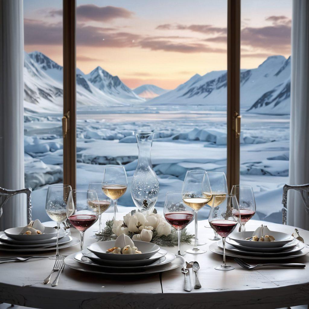 A luxurious dining table set against a majestic Arctic backdrop, featuring elegantly arranged wine glasses and gourmet dishes expertly paired with wines, including hints of wildlife motifs such as polar bears and arctic flowers artfully incorporated into the table setting. Soft, twinkling lights create a cozy ambiance while snow gently falls outside the frosty window. super-realistic. warm tones. 3D.